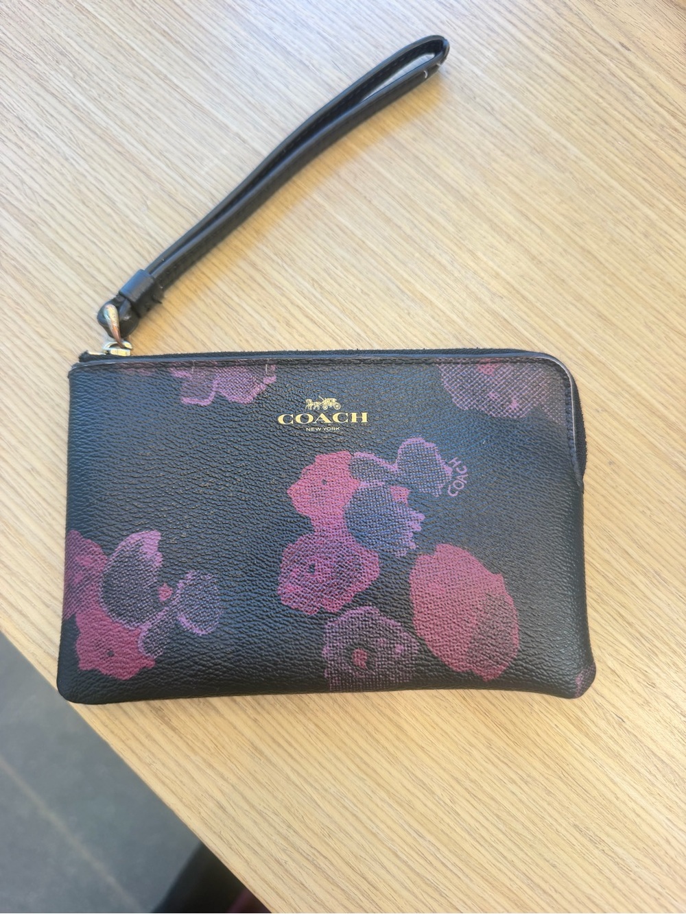 COACH Black Wristlet with Pink Floral Accents
